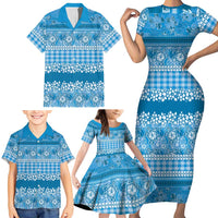 Hawaiian Hibiscus Honu Family Matching Short Sleeve Bodycon Dress and Hawaiian Shirt Blue Mele Kalikimaka Palaka Spirit - Polynesian Pride