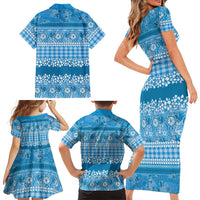 Hawaiian Hibiscus Honu Family Matching Short Sleeve Bodycon Dress and Hawaiian Shirt Blue Mele Kalikimaka Palaka Spirit - Polynesian Pride