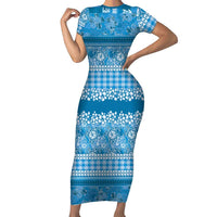 Hawaiian Hibiscus Honu Family Matching Short Sleeve Bodycon Dress and Hawaiian Shirt Blue Mele Kalikimaka Palaka Spirit - Polynesian Pride