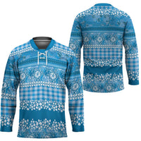 Hawaiian Hibiscus Honu Hockey Jersey Blue Mele Kalikimaka Palaka Spirit - Polynesian Pride