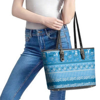 Hawaiian Hibiscus Honu Leather Tote Bag Blue Mele Kalikimaka Palaka Spirit - Polynesian Pride