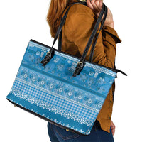 Hawaiian Hibiscus Honu Leather Tote Bag Blue Mele Kalikimaka Palaka Spirit - Polynesian Pride