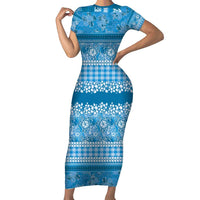 Hawaiian Hibiscus Honu Short Sleeve Bodycon Dress Blue Mele Kalikimaka Palaka Spirit - Polynesian Pride