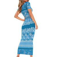 Hawaiian Hibiscus Honu Short Sleeve Bodycon Dress Blue Mele Kalikimaka Palaka Spirit LT9 - Polynesian Pride
