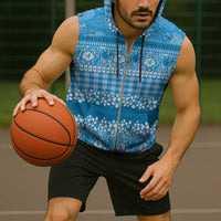 Hawaiian Hibiscus Honu Sleeveless Zip Hoodie Blue Mele Kalikimaka Palaka Spirit - Polynesian Pride