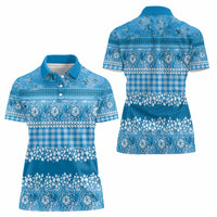 Hawaiian Hibiscus Honu Women Polo Shirt Blue Mele Kalikimaka Palaka Spirit - Polynesian Pride