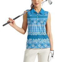 Hawaiian Hibiscus Honu Women Sleeveless Polo Shirt Blue Mele Kalikimaka Palaka Spirit - Polynesian Pride