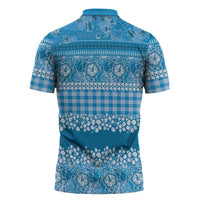 Hawaiian Hibiscus Honu Zipper Polo Shirt Blue Mele Kalikimaka Palaka Spirit LT9 - Polynesian Pride