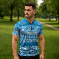 Hawaiian Hibiscus Honu Zipper Polo Shirt Blue Mele Kalikimaka Palaka Spirit LT9 - Polynesian Pride