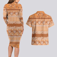 Hawaiian Hibiscus Honu Couples Matching Long Sleeve Bodycon Dress and Hawaiian Shirt Gold Mele Kalikimaka Palaka Spirit - Polynesian Pride