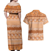 Hawaiian Hibiscus Honu Couples Matching Off Shoulder Maxi Dress and Hawaiian Shirt Gold Mele Kalikimaka Palaka Spirit - Polynesian Pride