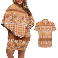 Hawaiian Hibiscus Honu Couples Matching Off Shoulder Short Dress and Hawaiian Shirt Gold Mele Kalikimaka Palaka Spirit - Polynesian Pride