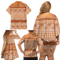 Hawaiian Hibiscus Honu Family Matching Off Shoulder Short Dress and Hawaiian Shirt Gold Mele Kalikimaka Palaka Spirit - Polynesian Pride