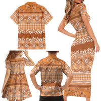 Hawaiian Hibiscus Honu Family Matching Short Sleeve Bodycon Dress and Hawaiian Shirt Gold Mele Kalikimaka Palaka Spirit - Polynesian Pride