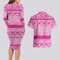 Hawaiian Hibiscus Honu Couples Matching Long Sleeve Bodycon Dress and Hawaiian Shirt Pink Mele Kalikimaka Palaka Spirit - Polynesian Pride