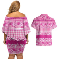 Hawaiian Hibiscus Honu Couples Matching Off Shoulder Short Dress and Hawaiian Shirt Pink Mele Kalikimaka Palaka Spirit - Polynesian Pride