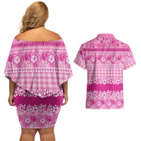 Hawaiian Hibiscus Honu Couples Matching Off Shoulder Short Dress and Hawaiian Shirt Pink Mele Kalikimaka Palaka Spirit - Polynesian Pride