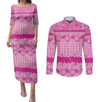 Hawaiian Hibiscus Honu Couples Matching Puletasi and Long Sleeve Button Shirt Pink Mele Kalikimaka Palaka Spirit - Polynesian Pride