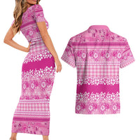 Hawaiian Hibiscus Honu Couples Matching Short Sleeve Bodycon Dress and Hawaiian Shirt Pink Mele Kalikimaka Palaka Spirit - Polynesian Pride