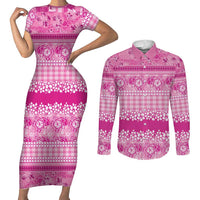 Hawaiian Hibiscus Honu Couples Matching Short Sleeve Bodycon Dress and Long Sleeve Button Shirt Pink Mele Kalikimaka Palaka Spirit - Polynesian Pride