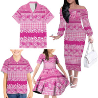 Hawaiian Hibiscus Honu Family Matching Off The Shoulder Long Sleeve Dress and Hawaiian Shirt Pink Mele Kalikimaka Palaka Spirit - Polynesian Pride