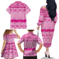 Hawaiian Hibiscus Honu Family Matching Off The Shoulder Long Sleeve Dress and Hawaiian Shirt Pink Mele Kalikimaka Palaka Spirit - Polynesian Pride