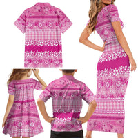 Hawaiian Hibiscus Honu Family Matching Short Sleeve Bodycon Dress and Hawaiian Shirt Pink Mele Kalikimaka Palaka Spirit - Polynesian Pride