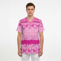 Hawaiian Hibiscus Honu Scrub Top Pink Mele Kalikimaka Palaka Spirit - Polynesian Pride