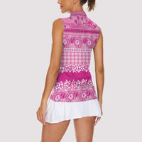 Hawaiian Hibiscus Honu Women Sleeveless Polo Shirt Pink Mele Kalikimaka Palaka Spirit - Polynesian Pride