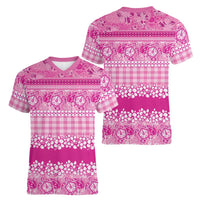 Hawaiian Hibiscus Honu Women V-Neck T-Shirt Pink Mele Kalikimaka Palaka Spirit - Polynesian Pride