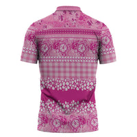 Hawaiian Hibiscus Honu Zipper Polo Shirt Pink Mele Kalikimaka Palaka Spirit LT9 - Polynesian Pride