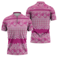 Hawaiian Hibiscus Honu Zipper Polo Shirt Pink Mele Kalikimaka Palaka Spirit LT9 - Polynesian Pride
