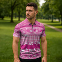 Hawaiian Hibiscus Honu Zipper Polo Shirt Pink Mele Kalikimaka Palaka Spirit LT9 - Polynesian Pride