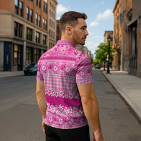 Hawaiian Hibiscus Honu Zipper Polo Shirt Pink Mele Kalikimaka Palaka Spirit LT9 - Polynesian Pride