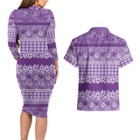 Hawaiian Hibiscus Honu Couples Matching Long Sleeve Bodycon Dress and Hawaiian Shirt Purple Mele Kalikimaka Palaka Spirit - Polynesian Pride