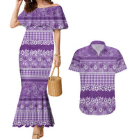 Hawaiian Hibiscus Honu Couples Matching Mermaid Dress and Hawaiian Shirt Purple Mele Kalikimaka Palaka Spirit LT9 Purple - Polynesian Pride