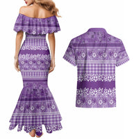 Hawaiian Hibiscus Honu Couples Matching Mermaid Dress and Hawaiian Shirt Purple Mele Kalikimaka Palaka Spirit LT9 - Polynesian Pride