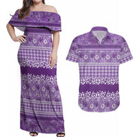 Hawaiian Hibiscus Honu Couples Matching Off Shoulder Maxi Dress and Hawaiian Shirt Purple Mele Kalikimaka Palaka Spirit - Polynesian Pride