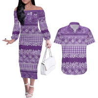 Hawaiian Hibiscus Honu Couples Matching Off The Shoulder Long Sleeve Dress and Hawaiian Shirt Purple Mele Kalikimaka Palaka Spirit - Polynesian Pride