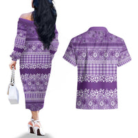 Hawaiian Hibiscus Honu Couples Matching Off The Shoulder Long Sleeve Dress and Hawaiian Shirt Purple Mele Kalikimaka Palaka Spirit - Polynesian Pride