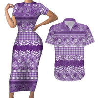 Hawaiian Hibiscus Honu Couples Matching Short Sleeve Bodycon Dress and Hawaiian Shirt Purple Mele Kalikimaka Palaka Spirit - Polynesian Pride
