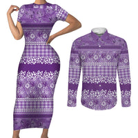 Hawaiian Hibiscus Honu Couples Matching Short Sleeve Bodycon Dress and Long Sleeve Button Shirt Purple Mele Kalikimaka Palaka Spirit - Polynesian Pride