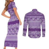 Hawaiian Hibiscus Honu Couples Matching Short Sleeve Bodycon Dress and Long Sleeve Button Shirt Purple Mele Kalikimaka Palaka Spirit - Polynesian Pride