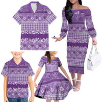 Hawaiian Hibiscus Honu Family Matching Off The Shoulder Long Sleeve Dress and Hawaiian Shirt Purple Mele Kalikimaka Palaka Spirit - Polynesian Pride