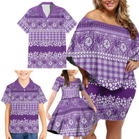 Hawaiian Hibiscus Honu Family Matching Off Shoulder Short Dress and Hawaiian Shirt Purple Mele Kalikimaka Palaka Spirit - Polynesian Pride