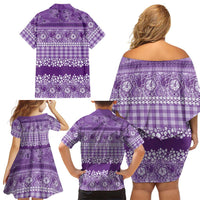 Hawaiian Hibiscus Honu Family Matching Off Shoulder Short Dress and Hawaiian Shirt Purple Mele Kalikimaka Palaka Spirit - Polynesian Pride