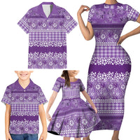 Hawaiian Hibiscus Honu Family Matching Short Sleeve Bodycon Dress and Hawaiian Shirt Purple Mele Kalikimaka Palaka Spirit - Polynesian Pride