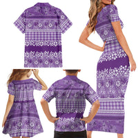 Hawaiian Hibiscus Honu Family Matching Short Sleeve Bodycon Dress and Hawaiian Shirt Purple Mele Kalikimaka Palaka Spirit - Polynesian Pride