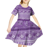 Hawaiian Hibiscus Honu Kid Short Sleeve Dress Purple Mele Kalikimaka Palaka Spirit - Polynesian Pride
