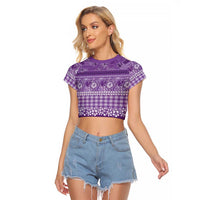 Hawaiian Hibiscus Honu Raglan Cropped T Shirt Purple Mele Kalikimaka Palaka Spirit LT9 Female Purple - Polynesian Pride